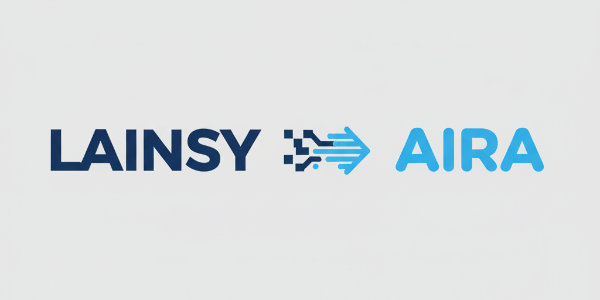 Graphic showing the evolution from a blocky LAINSY logo to a sleek AIRA logo