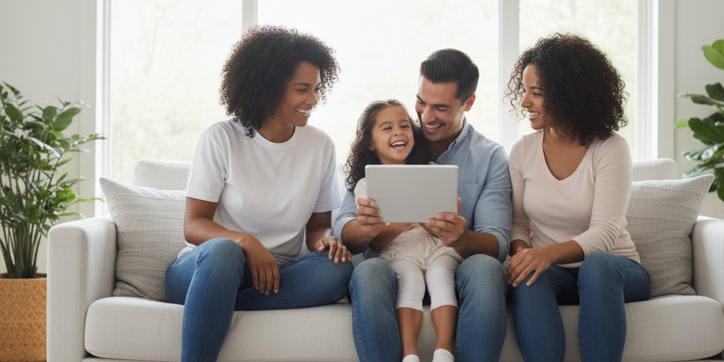 A diverse group of people smiling and interacting effortlessly with holographic interfaces in a clean, modern home environment.